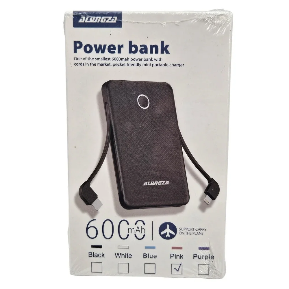 Alongza SK95 6000mAh Power Bank Pink Mini Portable Charger Built-in Cables‎ NEW
